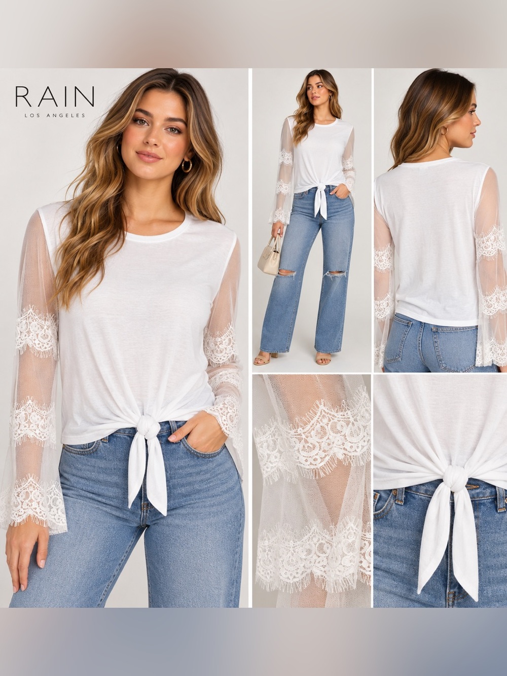 Rain White Sheer Lace Bell Sleeve Tie Front Top NWT XL